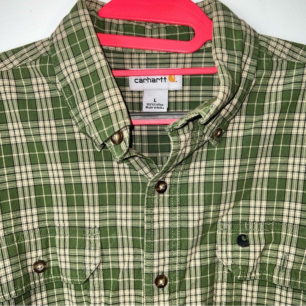 Carhartt Green Plaid Long Sleeve Button-Down Shirt Men’s Large 100% Cotton - Picture 4 of 12